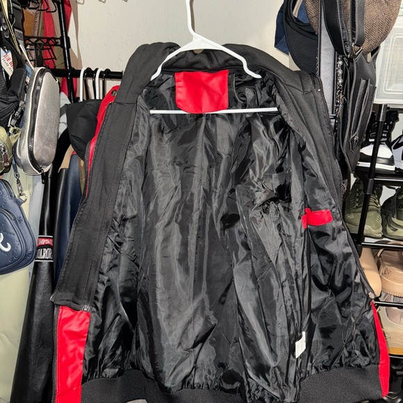 Men's Red Leather Jacket with Hood - Picture 6 of 7